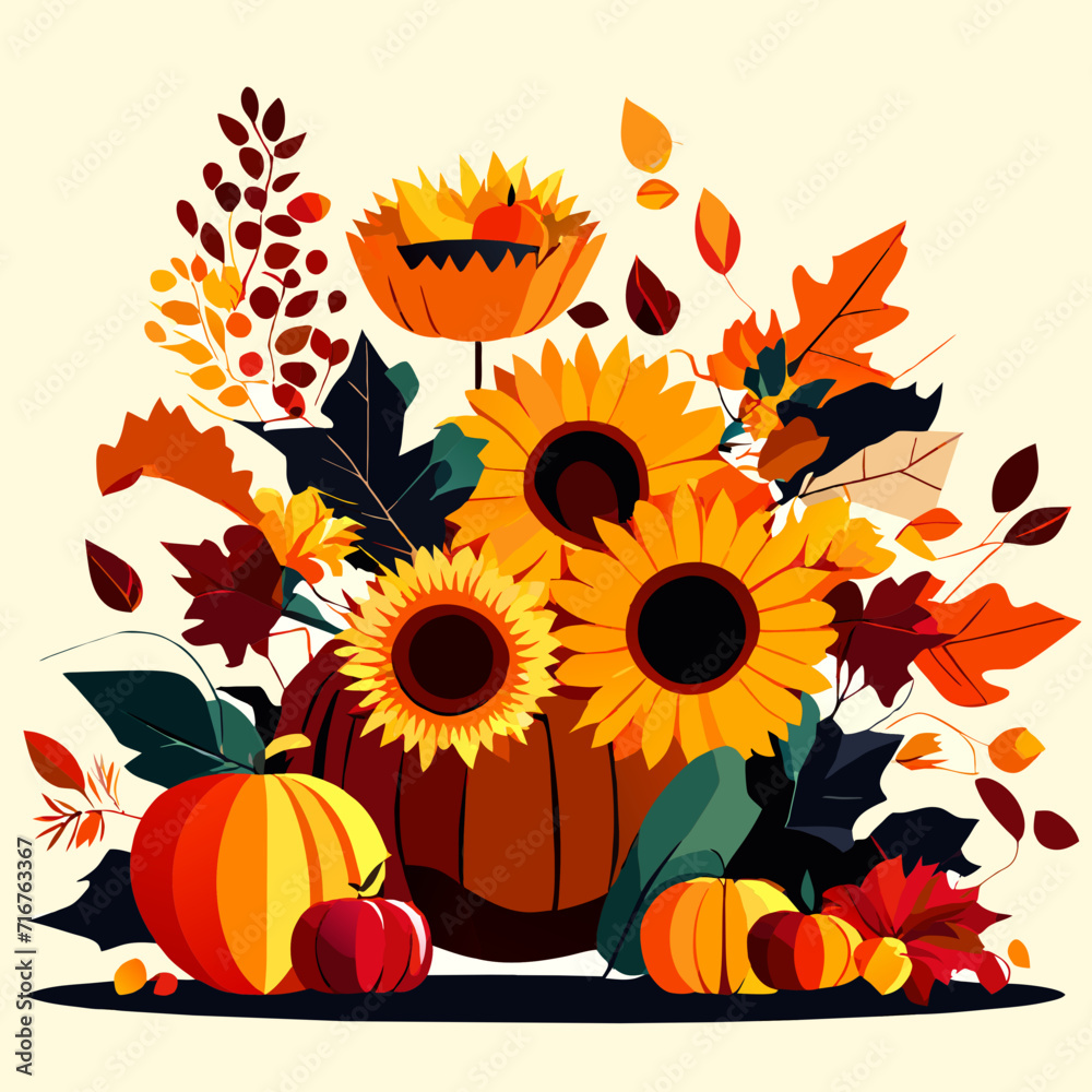 Autumn background with sunflowers and pumpkins. Vector illustration. generative AI