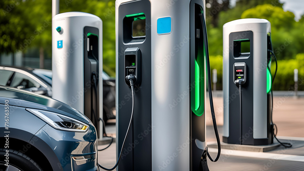 EV charging station for electric car in concept of green energy and eco power produced from sustainable source to supply to charger station in order to reduce CO2 emission EV charging station for electric car in concept of green energy and eco power produced from sustainable source to supply to charger station in order to reduce CO2 emission