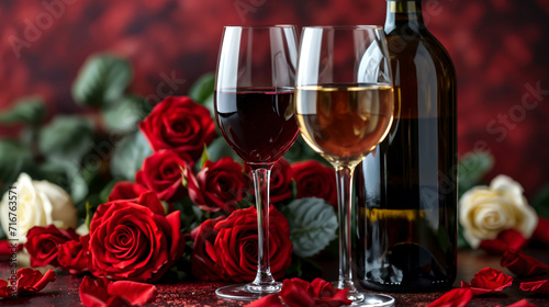 A bottle of wine next to red roses  two wine glasses holding Valentine s Day wine  dating  confessions  Valentine s Day or Women s Day  