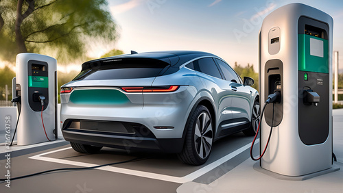 Billede på lærred EV charging station for electric car in concept of green energy and eco power pr