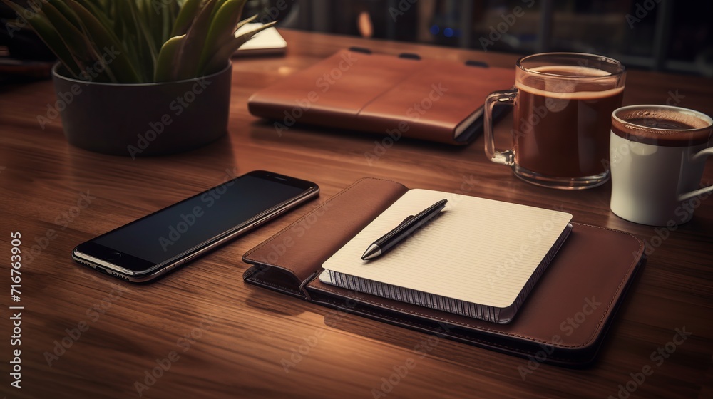 organized office desktop: business workspace with diverse notebooks on wooden table organized office desktop: business workspace with diverse notebooks on wooden table