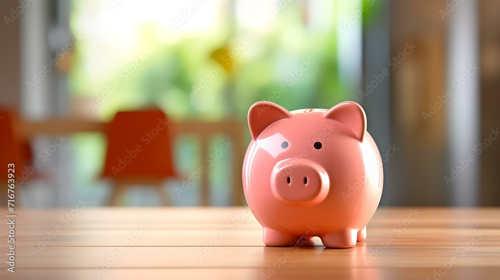 Pink Piggy Bank on a wooden Table. Blurred Interior Background Pink Piggy Bank on a wooden Table. Blurred Interior Background