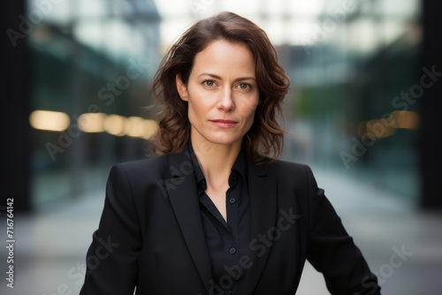 Portrait of a tender woman in her 40s wearing a professional suit jacket against a sophisticated corporate office background. AI Generation