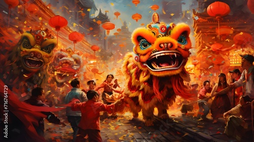 Festive celebration with red Chinese lanterns, firecrackers and lion dancers performing, Folk art style, Acrylic texture, Vibrant lighting, Sunset color scheme, Closeup perspective, Extremely detailed