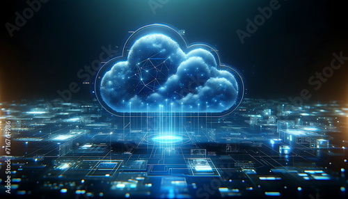 Cloud computing of digital data flow. Digital information technology web futuristic hologram with cloud icon  blue light circuit background
