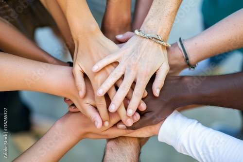 Close-up of a diverse team's hands together in unity