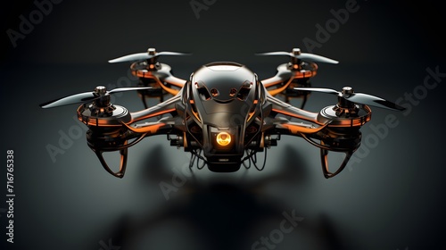 Front view of flying drone with rotating blades