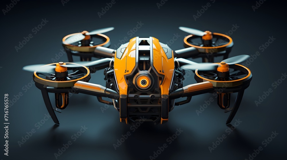 Front view of flying drone with rotating blades Front view of flying drone with rotating blades