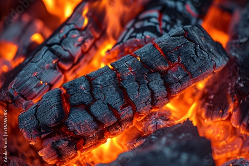 Close-up of a glowing ember in a campfire, showing the intricate texture and warm colors.