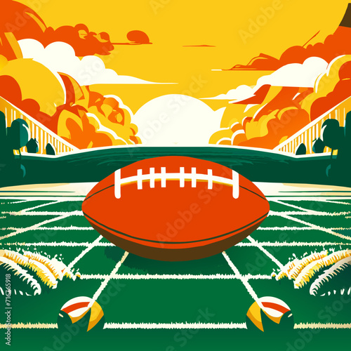American football field with ball. Vector illustration in cartoon style. Sports background. AI generated