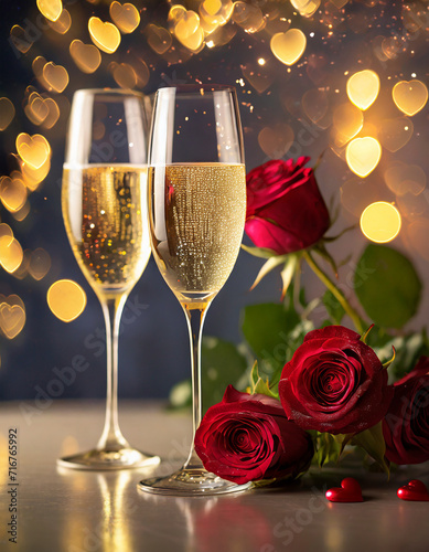 Valentine's Day, wedding, birthday celebration holiday greeting card banner concept - Clinking glasses, sparkling wine or champagne glasses and red roses on table with bokeh lights in the background