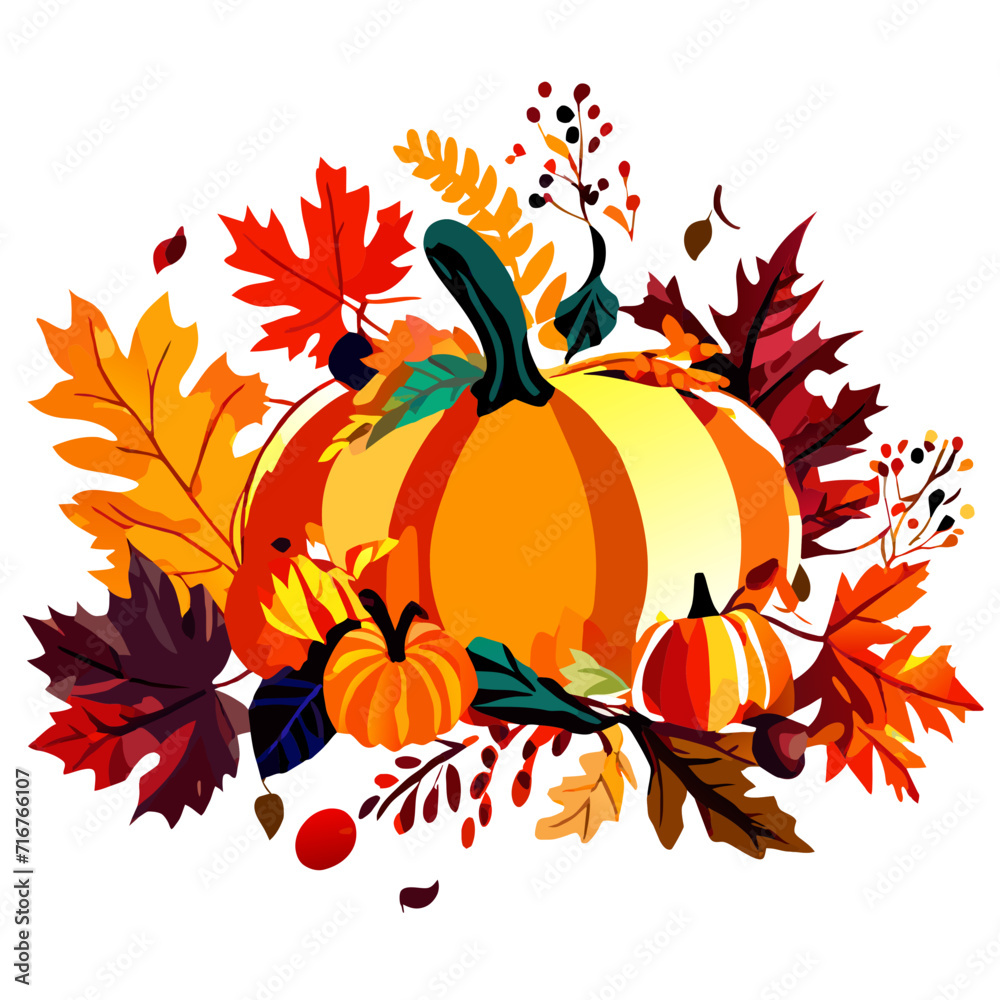 Autumn background with pumpkins, leaves and berries. Vector illustration. Generative AI