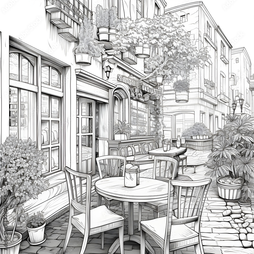 Coloring book featuring beautiful scene in a cafe generative ai