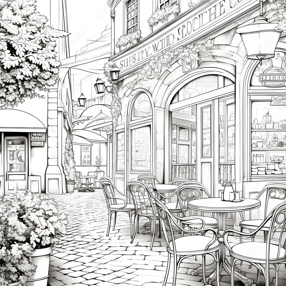 Coloring book featuring beautiful scene in a cafe generative ai