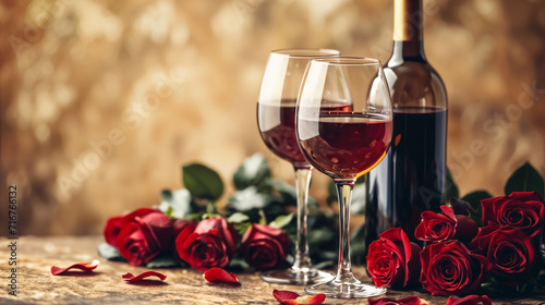A bottle of wine next to red roses, two wine glasses holding Valentine's Day wine, dating, confessions, Valentine's Day or Women's Day