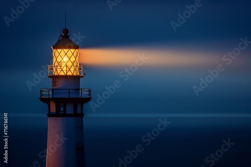 Close-up of a lighthouse beam at night, illuminating the dark ocean and sky.