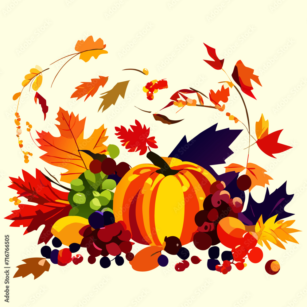 Naklejka premium Autumn background with pumpkins, leaves and berries. Vector illustration. AI generated