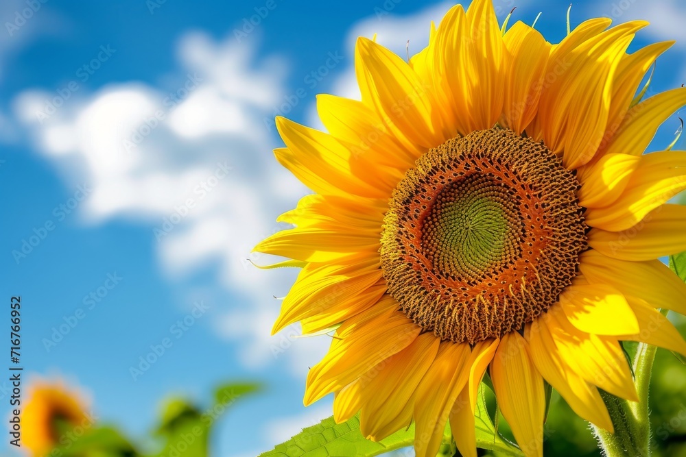 Close-up of a vibrant sunflower against a blue sky, highlighting the contrast and natural beauty