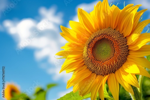Close-up of a vibrant sunflower against a blue sky  highlighting the contrast and natural beauty