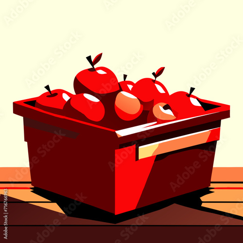 Red apples in a box on a wooden floor. Vector illustration. Generative AI