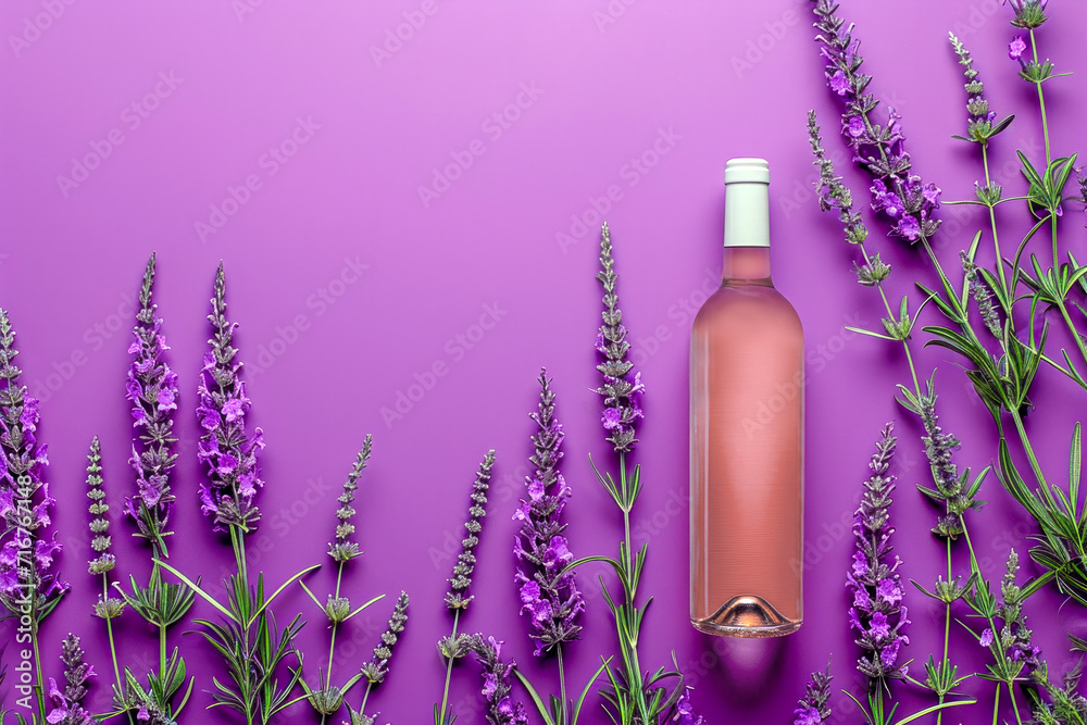 Bottle of pink wine in lavender flowers, on lilac and purple background in pastel colours. Top view with space for text. Advertising photo. Bottle of pink wine in lavender flowers, on lilac and purple background in pastel colours. Top view with space for text. Advertising photo.