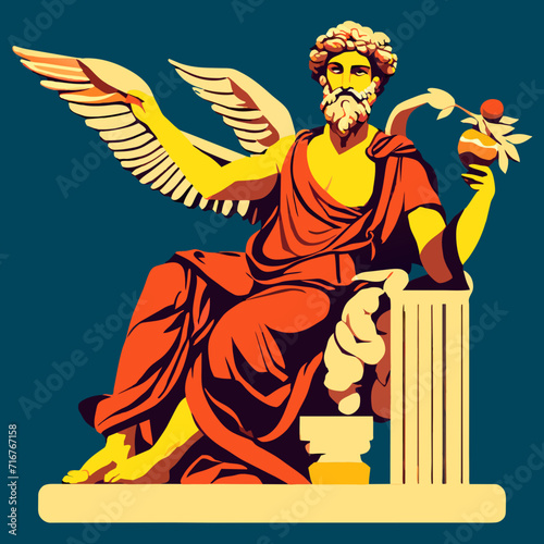 Ancient Greek statue of Zeus with wings and flowers. Vector illustration. AI generated