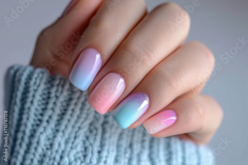 Close-up of a woman s hand with pastel ombre nail polish blending soft colors