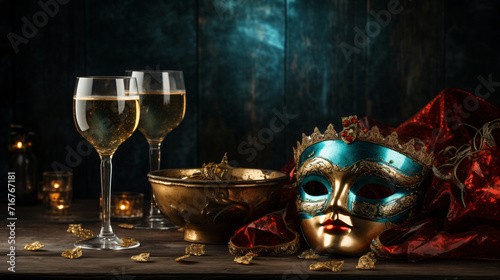 two glasses of champagne, mask