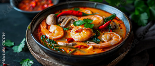  Tom Yum Goong kung, Thai spicy soup with shrimp, mushrooms, lemongrass, chilli, galangal, papeda leaves , in a black bowl, close-up.