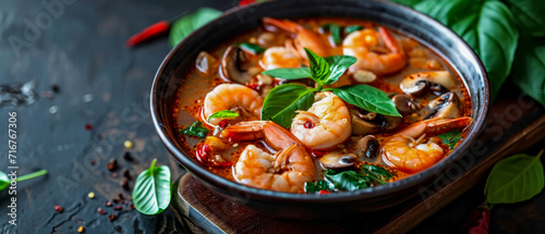  Tom Yum Goong kung, Thai spicy soup with shrimp, mushrooms, lemongrass, chilli, galangal, papeda leaves ,  in a black bowl, close-up.