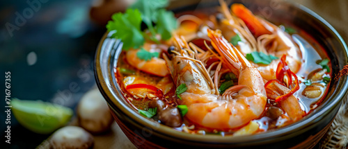  Tom Yum Goong kung, Thai spicy soup with shrimp, mushrooms, lemongrass, chilli, galangal, papeda leaves , in a black bowl, close-up.