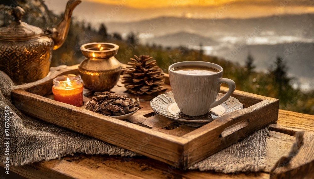 a cozy scene featuring a wooden tray with warm tones, perhaps adorned with a cup of coffee or tea, conveying a sense of comfort and relaxation. a cozy scene featuring a wooden tray with warm tones, perhaps adorned with a cup of coffee or tea, conveying a sense of comfort and relaxation.
