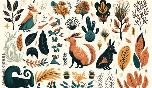 cute animals with modern colorful tropical floral pattern background. Hand drawn illustration  Generative ai