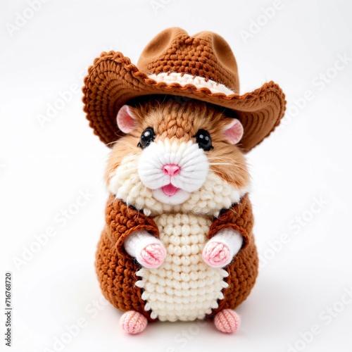 Crochet hamster on a white background, wearing a cowboy hat