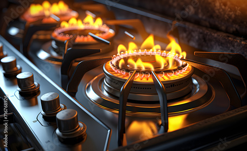 Gas stove, close-up fire.
