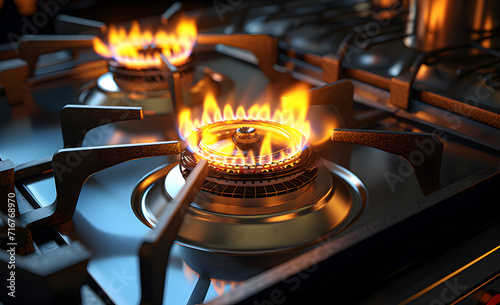 Gas stove, close-up fire. photo