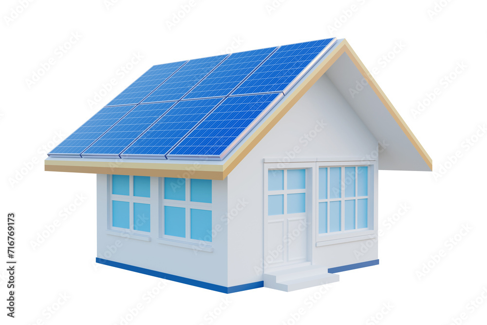 3D rendering of a house with solar photovoltaic panels on the roof. Buildings that use clean energy from the sun modern technology industry - clipping path