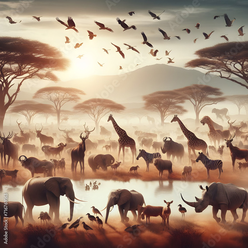 A herd of wild animals standing next to each other. Heartwarming Photo of the Animals A Beautiful Scene Featuring a Diverse Group of Animals. Animals.  Group of many African animals giraffe, lion etc. photo