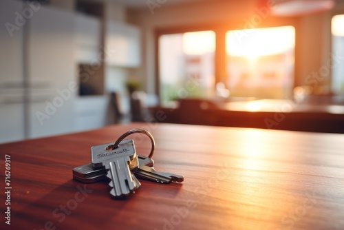 House keys positioned on a table with a cozy living room behind.The concept of buying a home, renting a home, a loan to buy a home, services of real estate companies.
