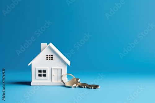 Model of white house and house keys on table on  blue background.The concept of buying a home, renting a home, a loan to buy a home, services of real estate companies