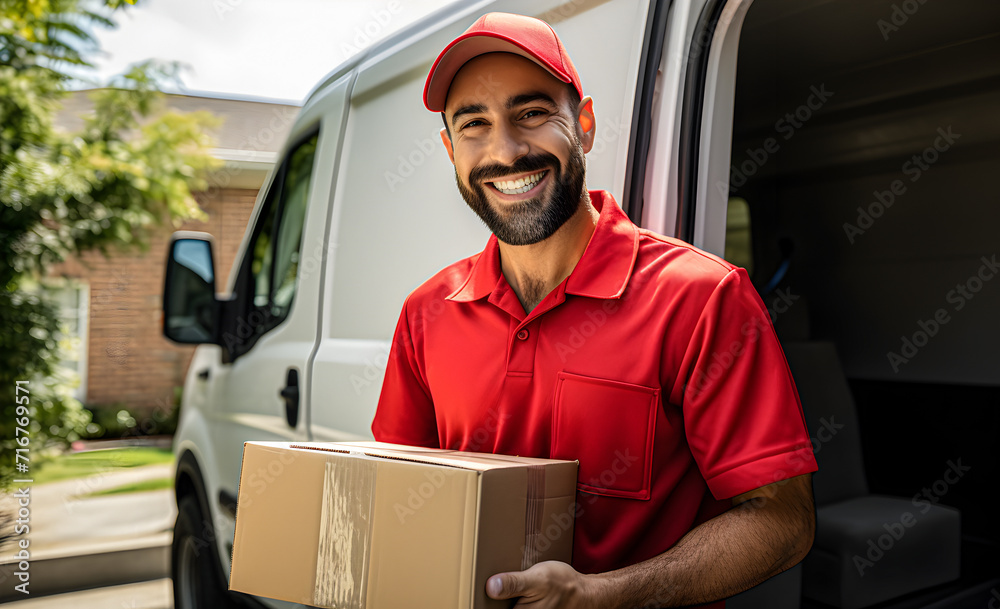 A uniformed courier holds a cardboard box next to a truck.