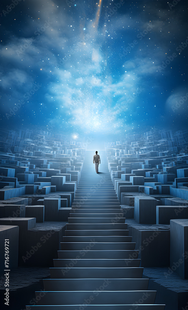 Fototapeta premium A man climbing a ladder into the unknown.