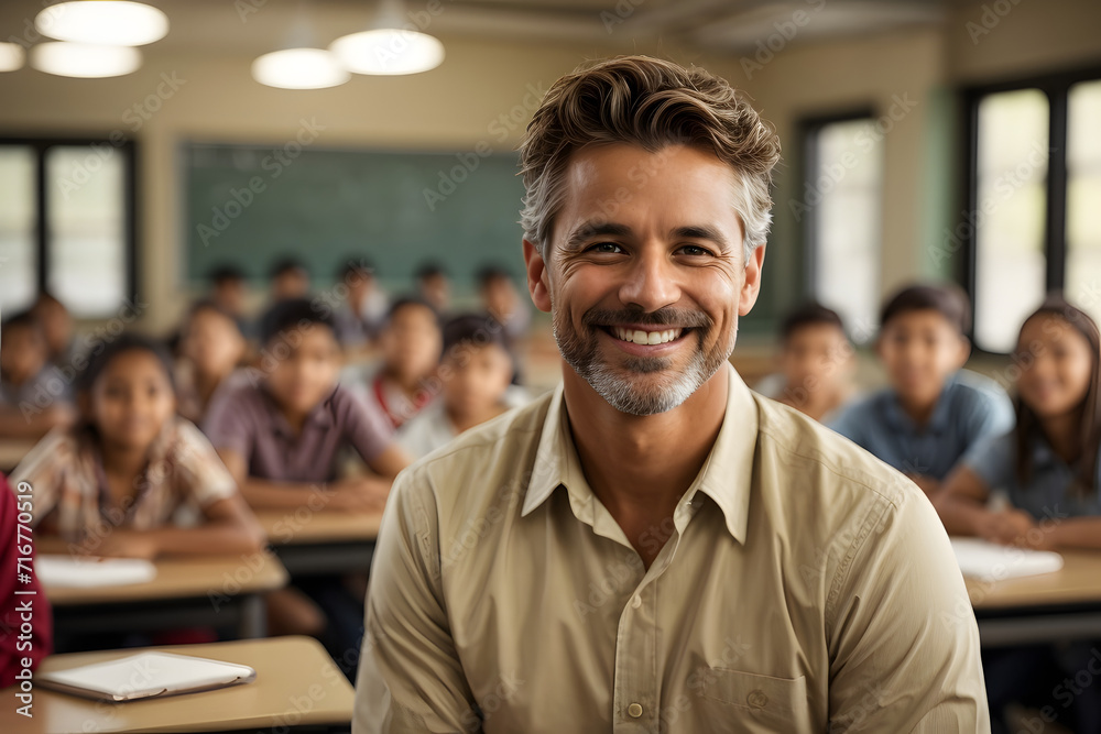 Fototapeta premium Portrait of smiling male teacher in a class at elementary school looking at camera with learning students on background.