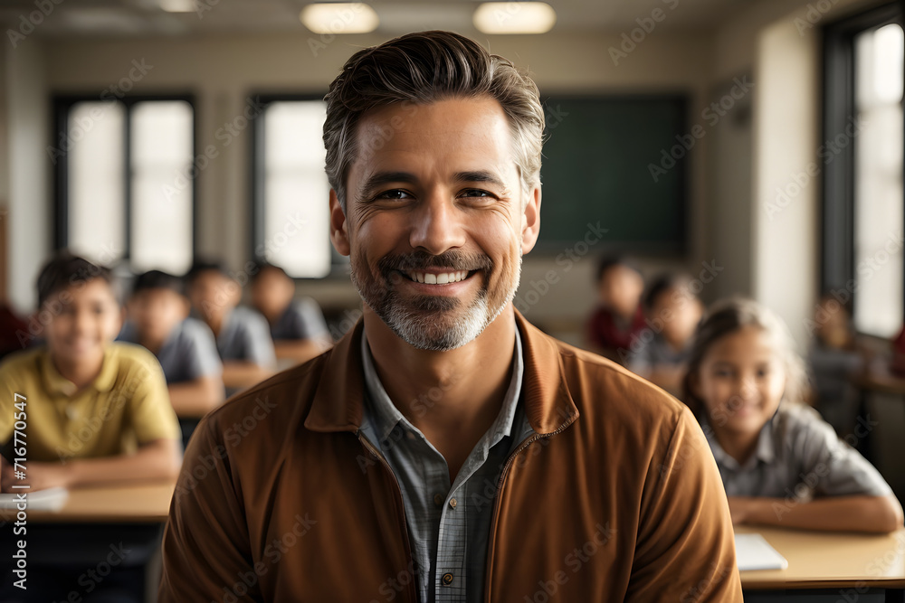 Portrait of smiling male teacher in a class at elementary school looking at camera with learning students on background. Portrait of smiling male teacher in a class at elementary school looking at camera with learning students on background.