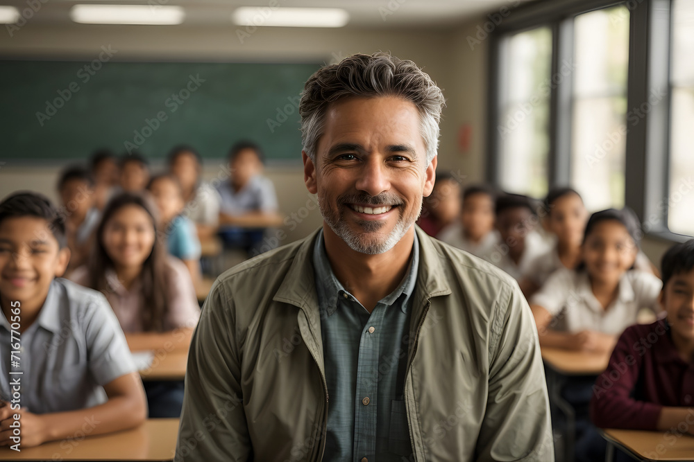 Portrait of smiling male teacher in a class at elementary school looking at camera with learning students on background.