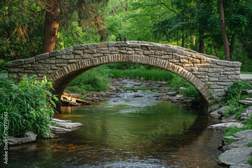 Detailed image of an old stone bridge over a peaceful stream, highlighting the historic architecture.