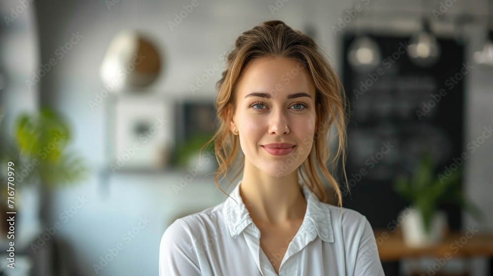 A businesswoman is seen standing at her office. Generative Ai.