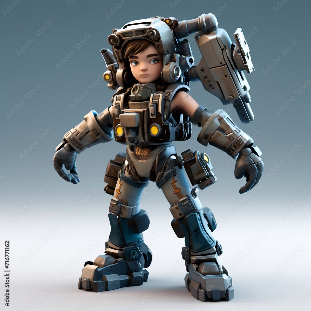 Female mechanic in blue army uniform in a futuristic high-tech robotic exoskeleton, isolated on a neutral background. 3D rendering concept design illustration. Female mechanic in blue army uniform in a futuristic high-tech robotic exoskeleton, isolated on a neutral background. 3D rendering concept design illustration.