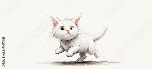 illustrazione con simpatico micetto bianco che corre, gioca, disegno su sfondo bianco photo