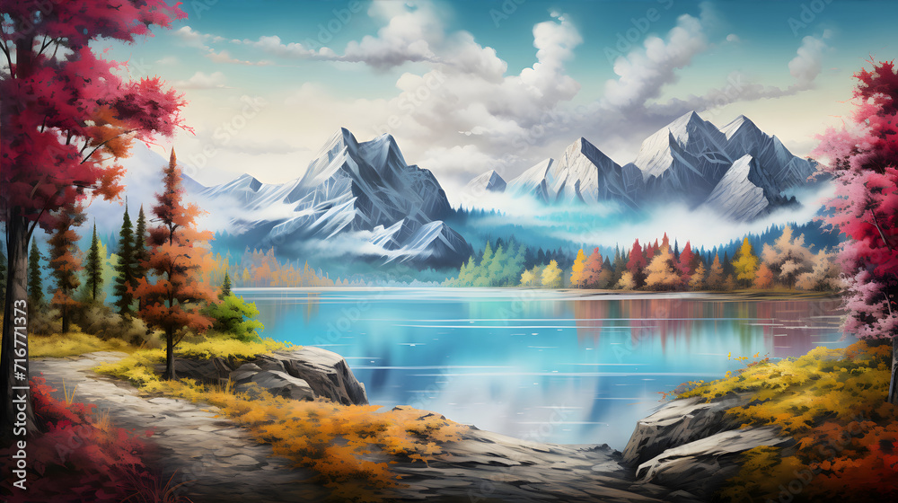 Beautiful watercolor background of mountains and lake with colorful maple trees